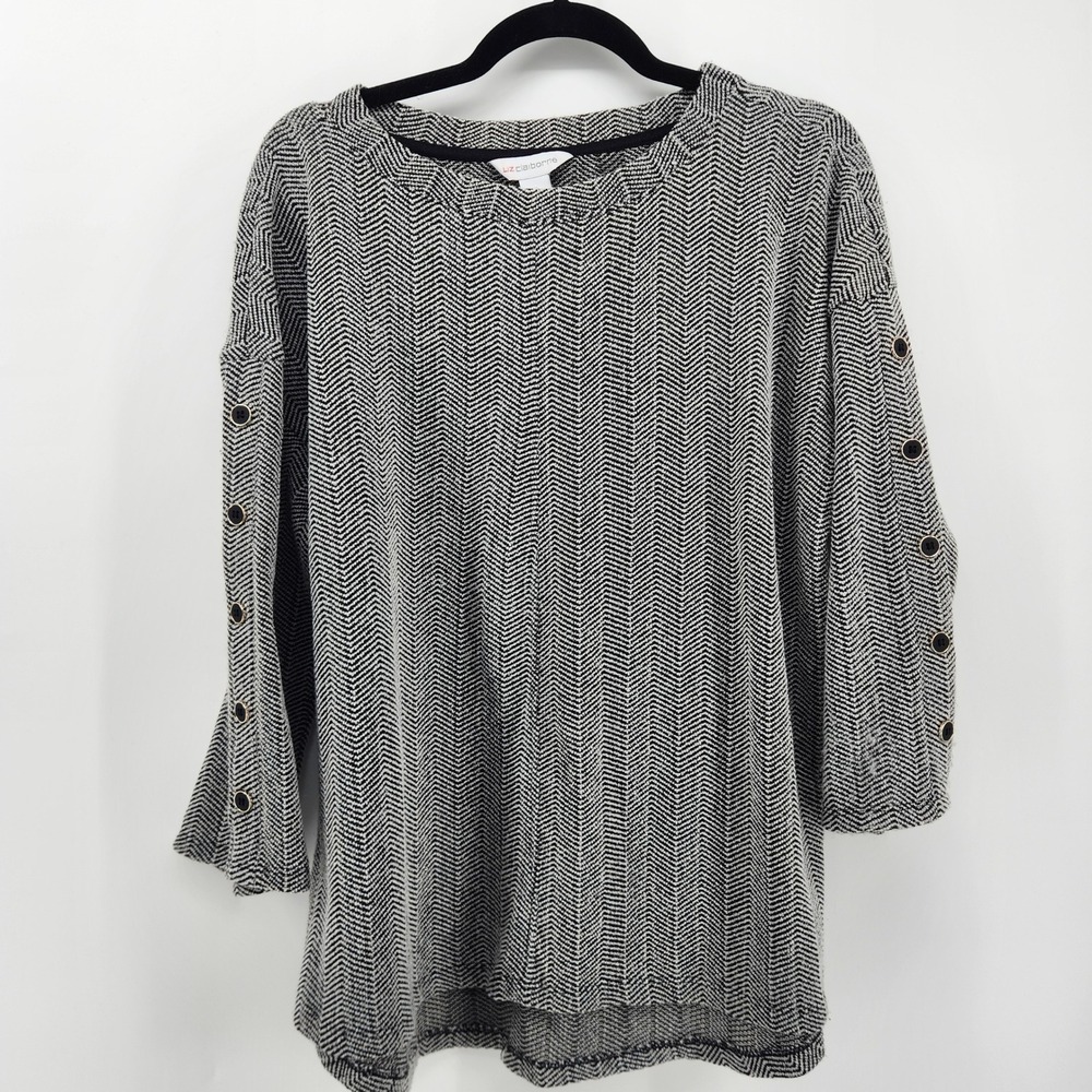 Liz Claiborne Womens XL Tunic Top Black White Chevron Long Sleeve Button